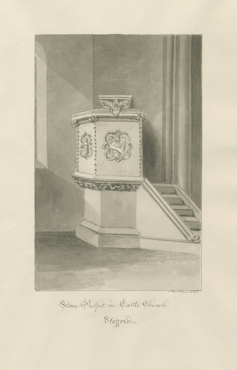 Castle Church - Stone Pulpit in Church: sepia drawing بواسطة جون باكلر