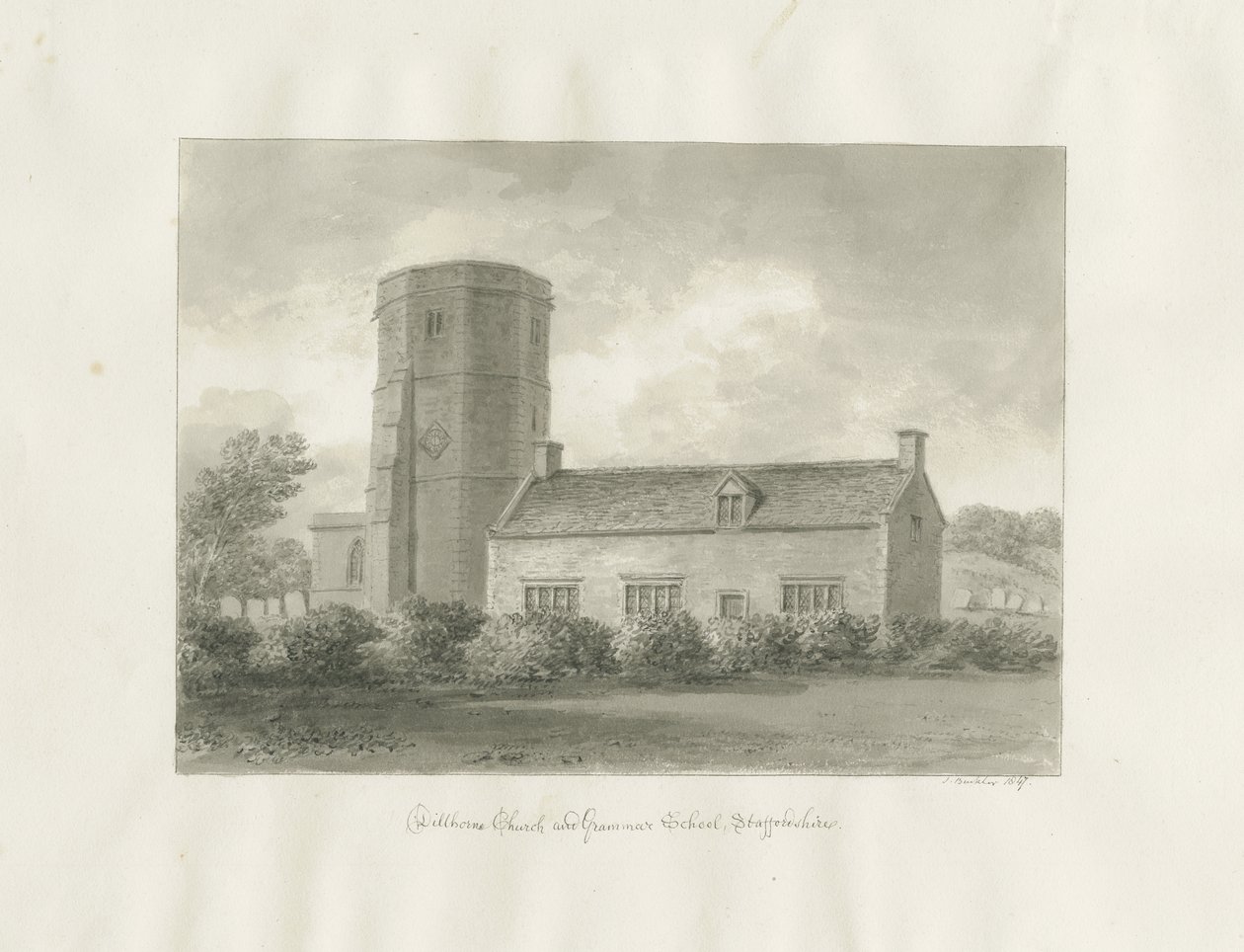 Dilhorne - Church and Grammar School: sepia drawing بواسطة جون باكلر