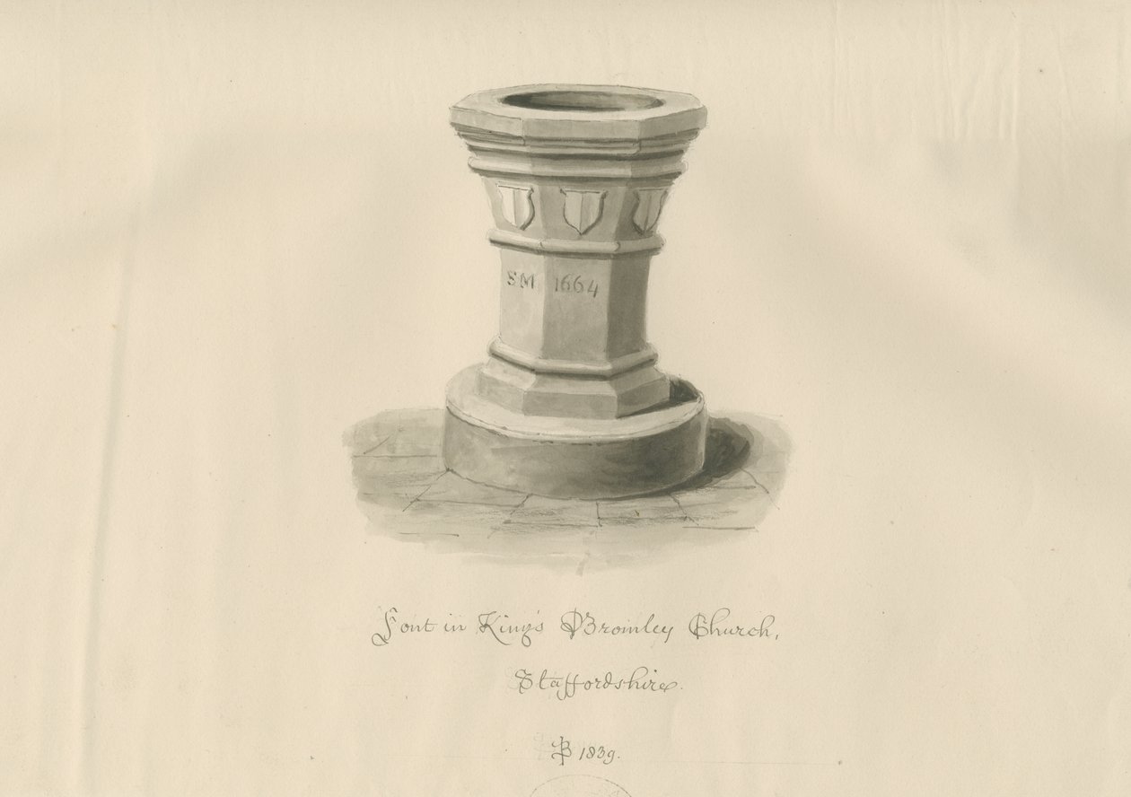 الخط في كنيسة Kings Bromley: رسم بني داكن ، 1839 بواسطة جون باكلر