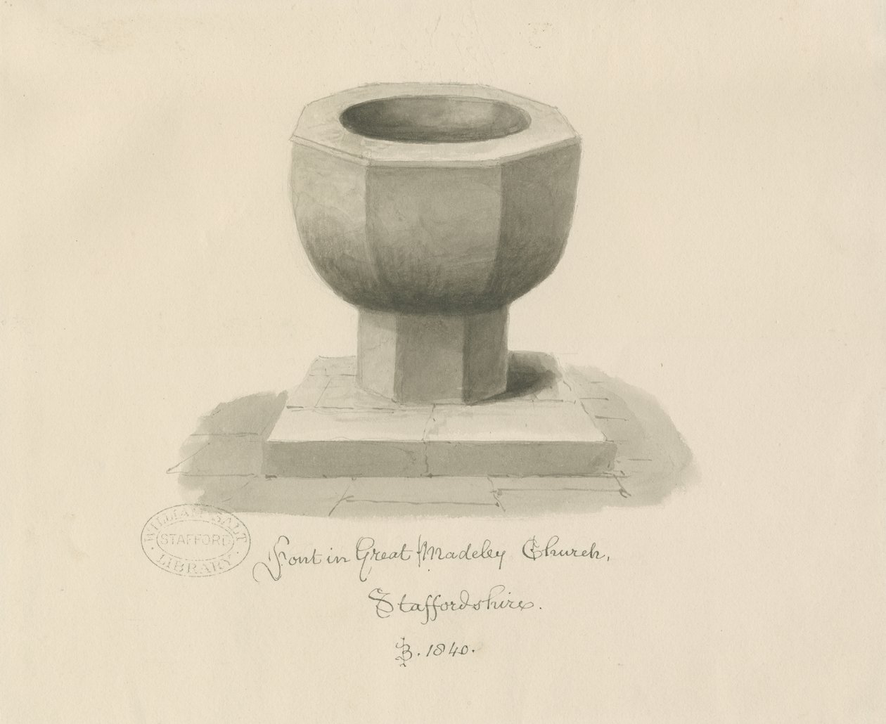Font in Madeley Church: sepia drawing بواسطة جون باكلر