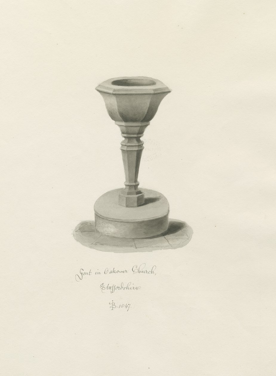 Font in Okeover Church: sepia drawing بواسطة جون باكلر