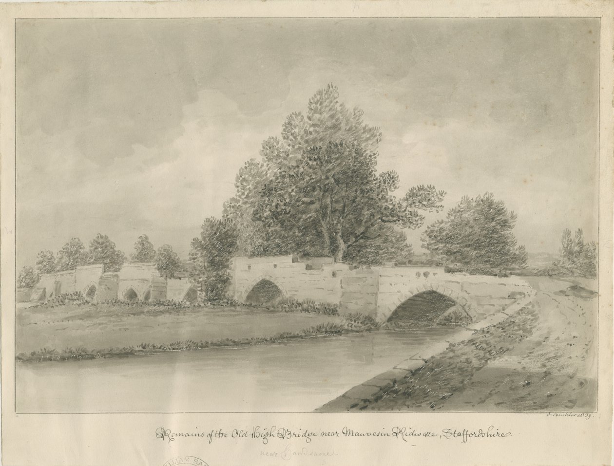 Handsacre - Old High Bridge: رسم بني داكن ، 1839 بواسطة جون باكلر