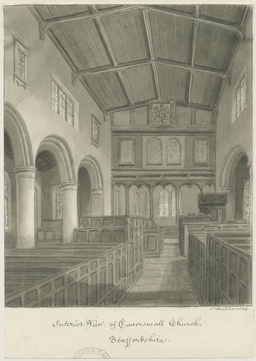 Interior of Caverswall Church: sepia drawing بواسطة جون باكلر
