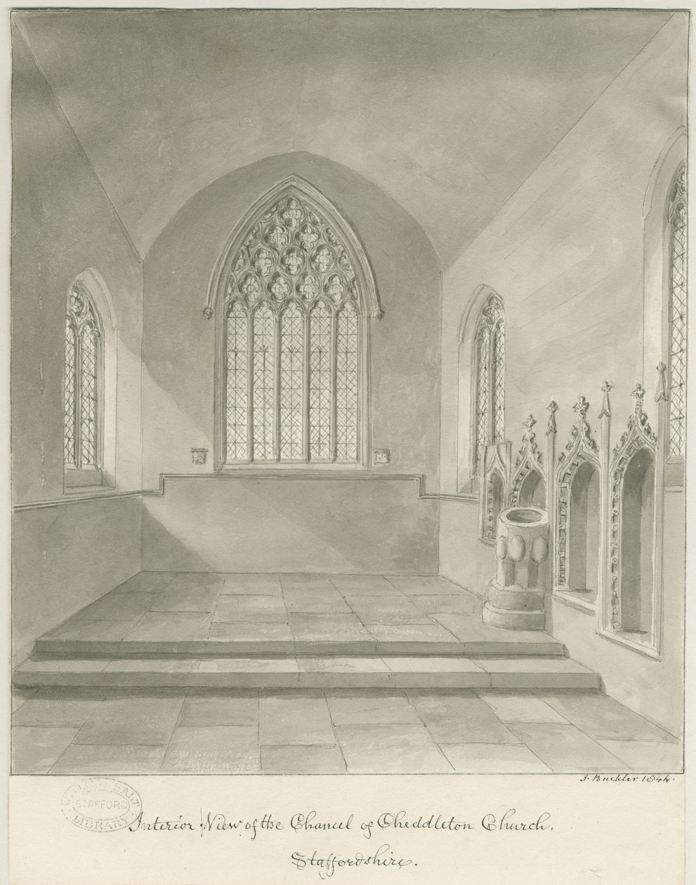 Interior of Cheddleton Church: sepia drawing بواسطة جون باكلر