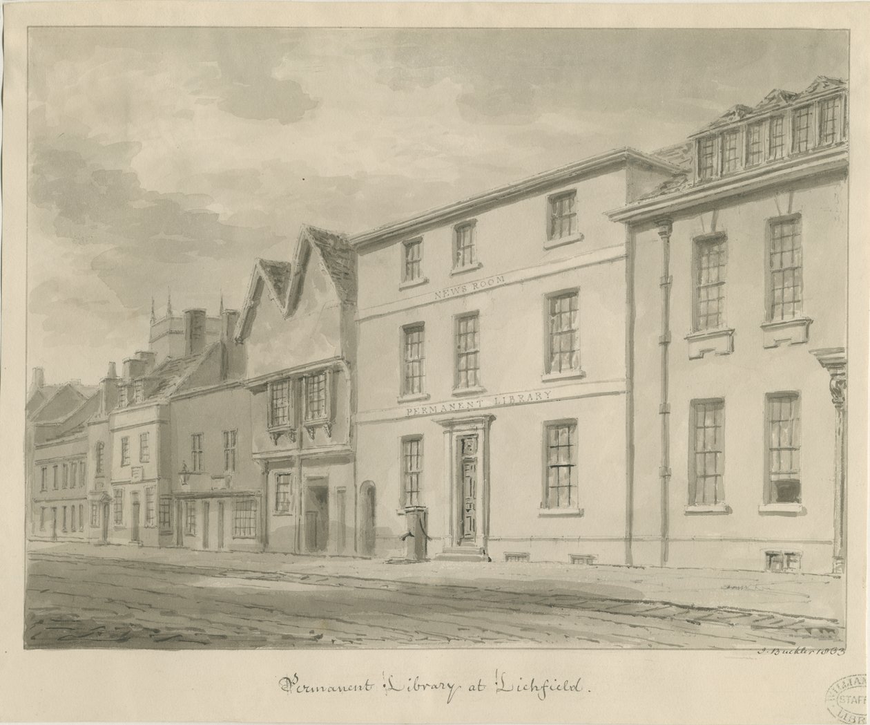 Lichfield - المكتبة: رسم بني داكن ، 1833 بواسطة جون باكلر