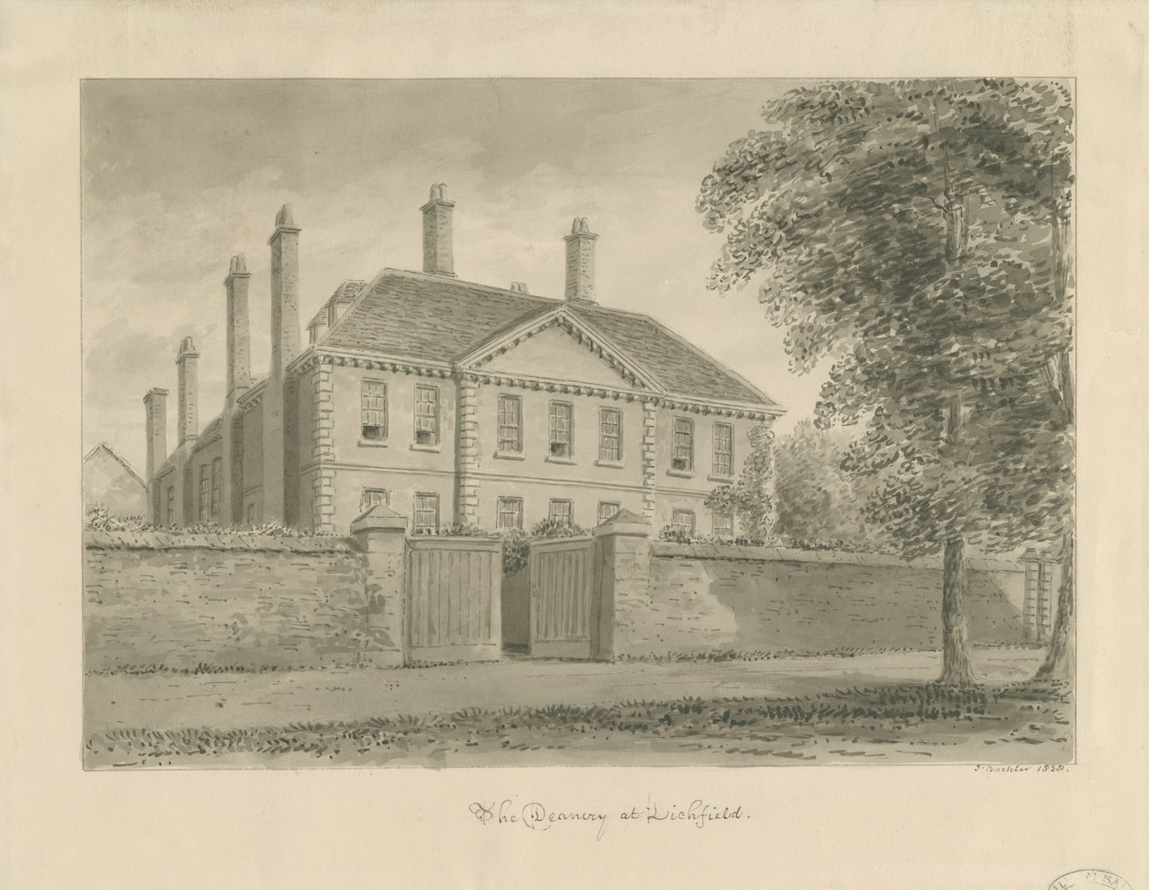 Lichfield - The Deanery in The Close: رسم بني داكن ، 1838 بواسطة جون باكلر