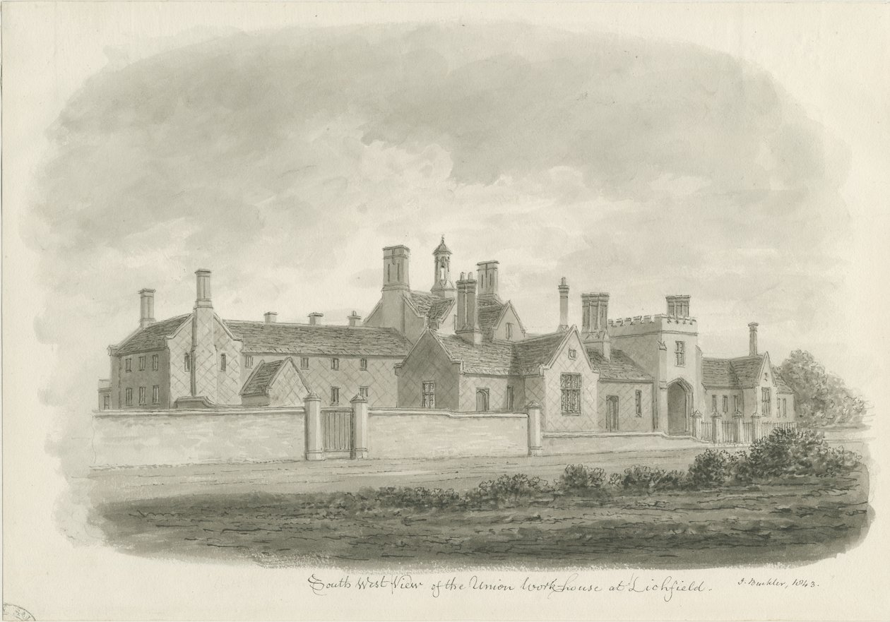 Lichfield - Union Workhouse: رسم بني داكن بواسطة جون باكلر