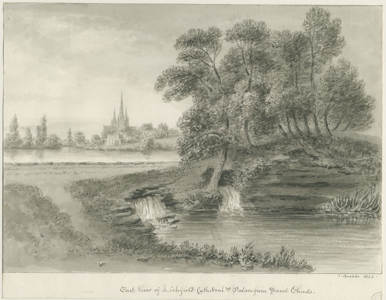 كاتدرائية ليتشفيلد - المنظر الشرقي: رسم بني داكن ، 1844 بواسطة جون باكلر