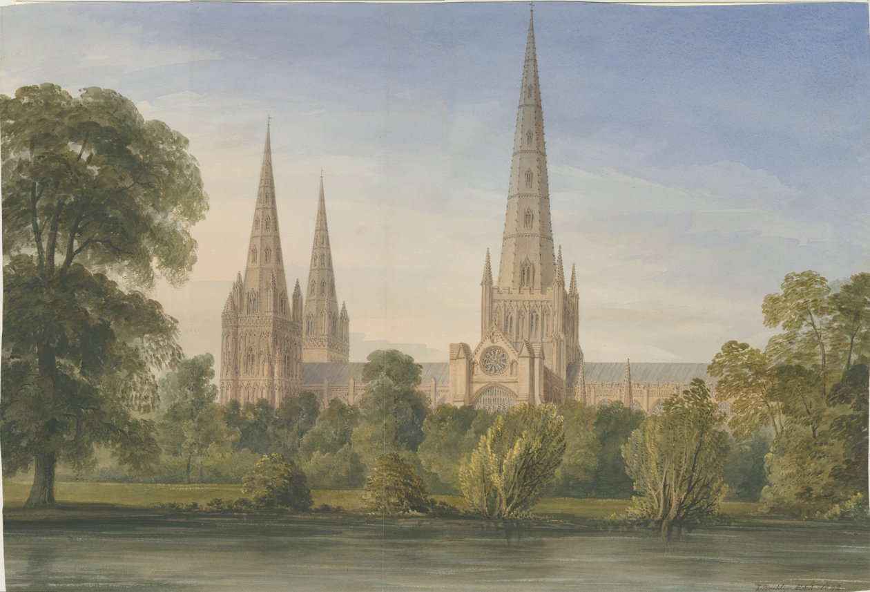كاتدرائية Lichfield - منظر جنوبي شرقي شرقي: لوحة ألوان مائية ، 1842 بواسطة جون باكلر