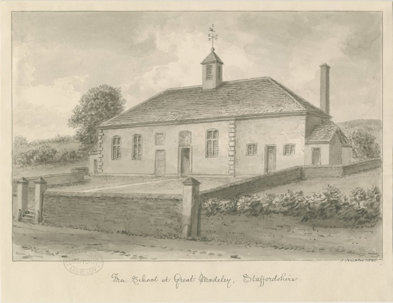 Madeley - Free School: رسم بني داكن ، 1840 بواسطة جون باكلر