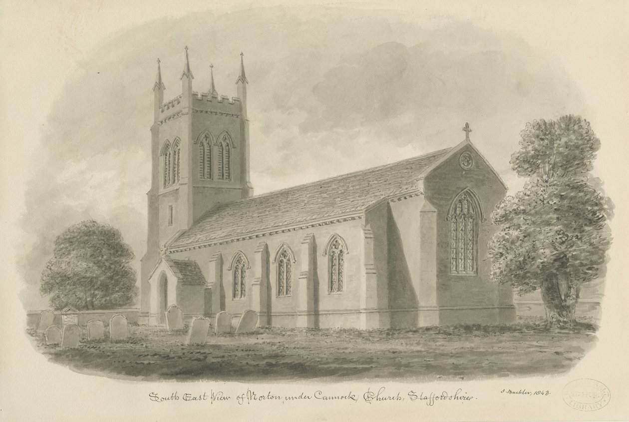 Norton Canes Church: sepia wash drawing بواسطة جون باكلر