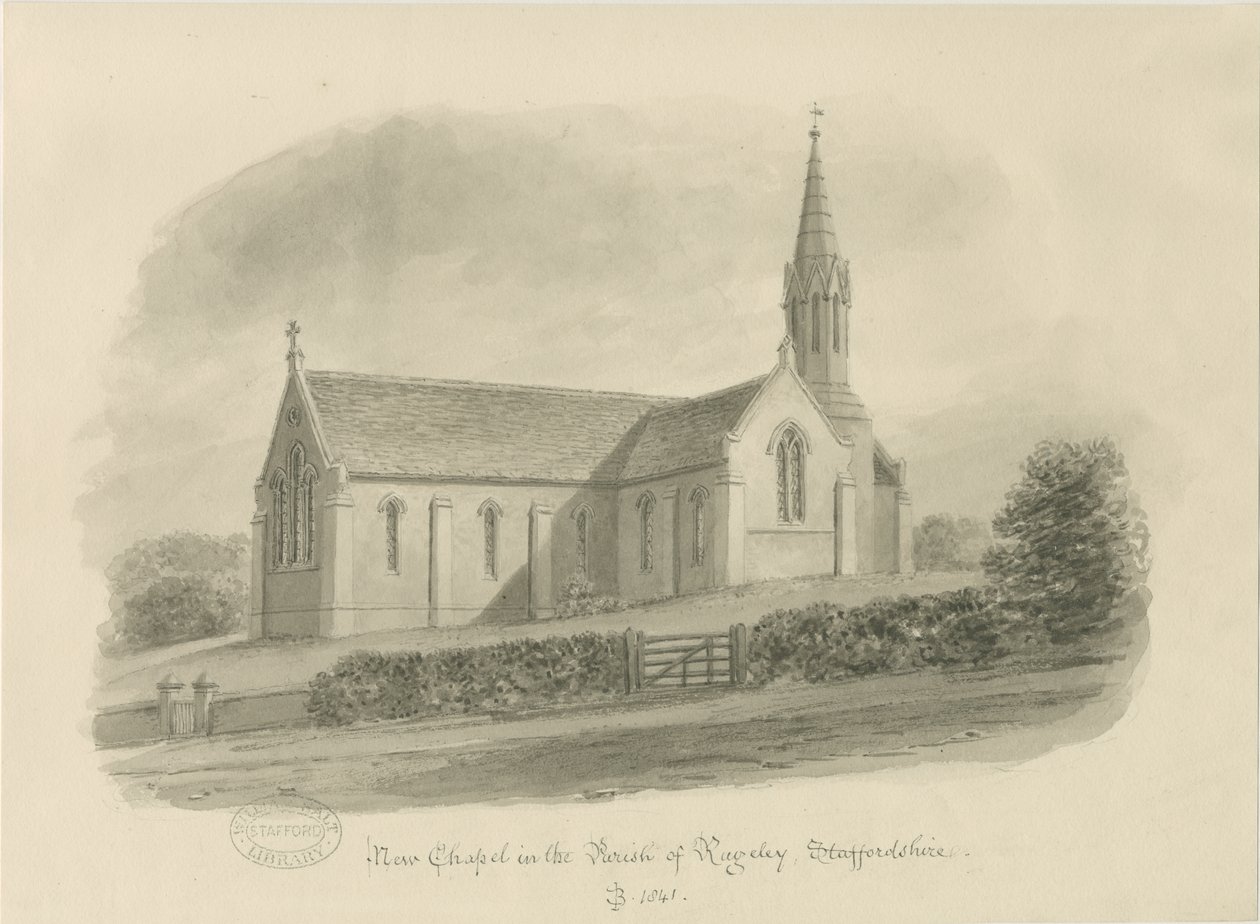 Rugeley - Brereton Chapel: [St. كنيسة مايكل ، بريريتون ، رسم غسيل بني داكن ، ١٨٤١ بواسطة جون باكلر