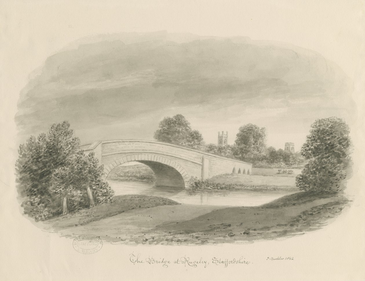 Rugeley Town - Bridge: رسم بني داكن ، 1842 بواسطة جون باكلر