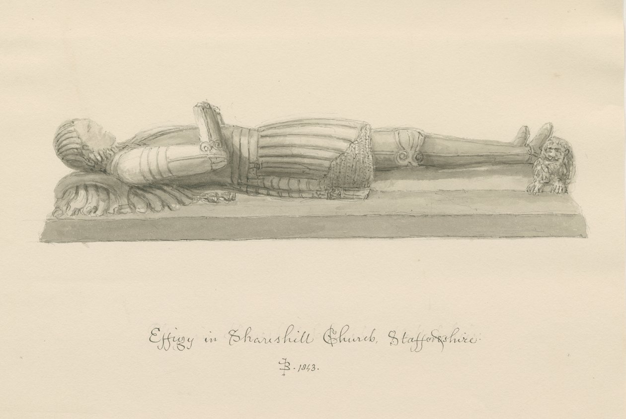 Shareshill Church- Monumental effigy to [Sir Humphrey Swynnerton]: sepia wash drawing بواسطة جون باكلر