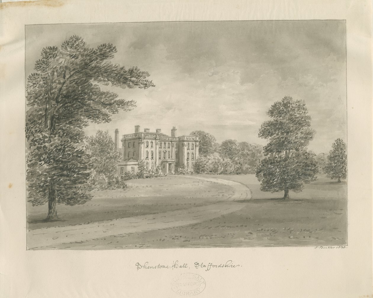 Shenstone Park - Hall: رسم بني داكن بواسطة جون باكلر