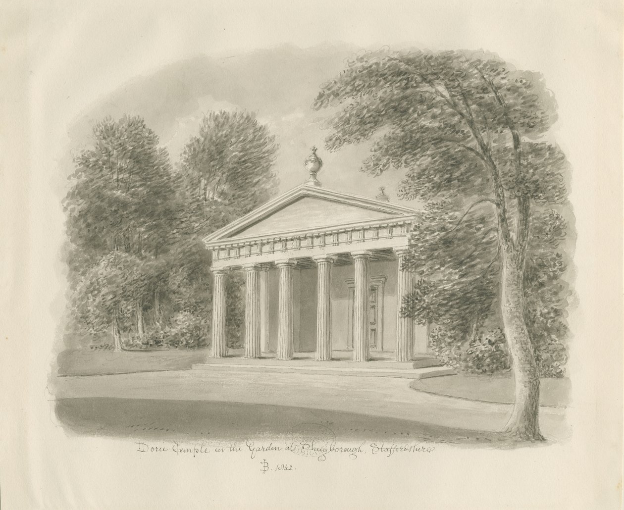 Shugborough - Doric Temple: رسم بني داكن ، 1842 بواسطة جون باكلر