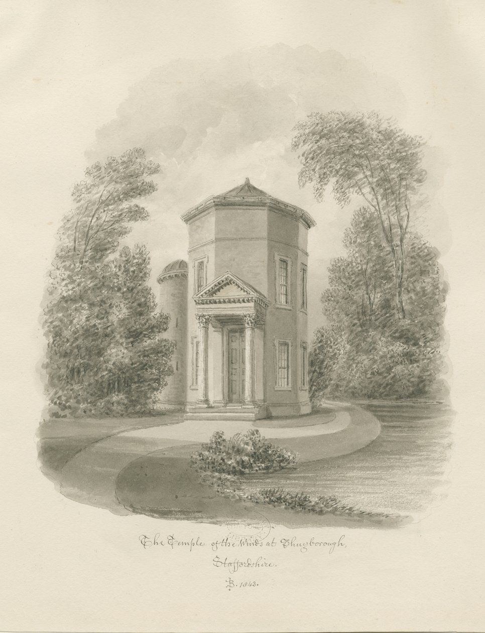 Shugborough - معبد الرياح: رسم بني داكن ، 1843 بواسطة جون باكلر
