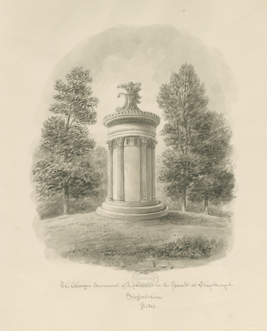 Shugborough - النصب التذكاري Choragic لـ Lysicrates: رسم بني داكن بواسطة جون باكلر