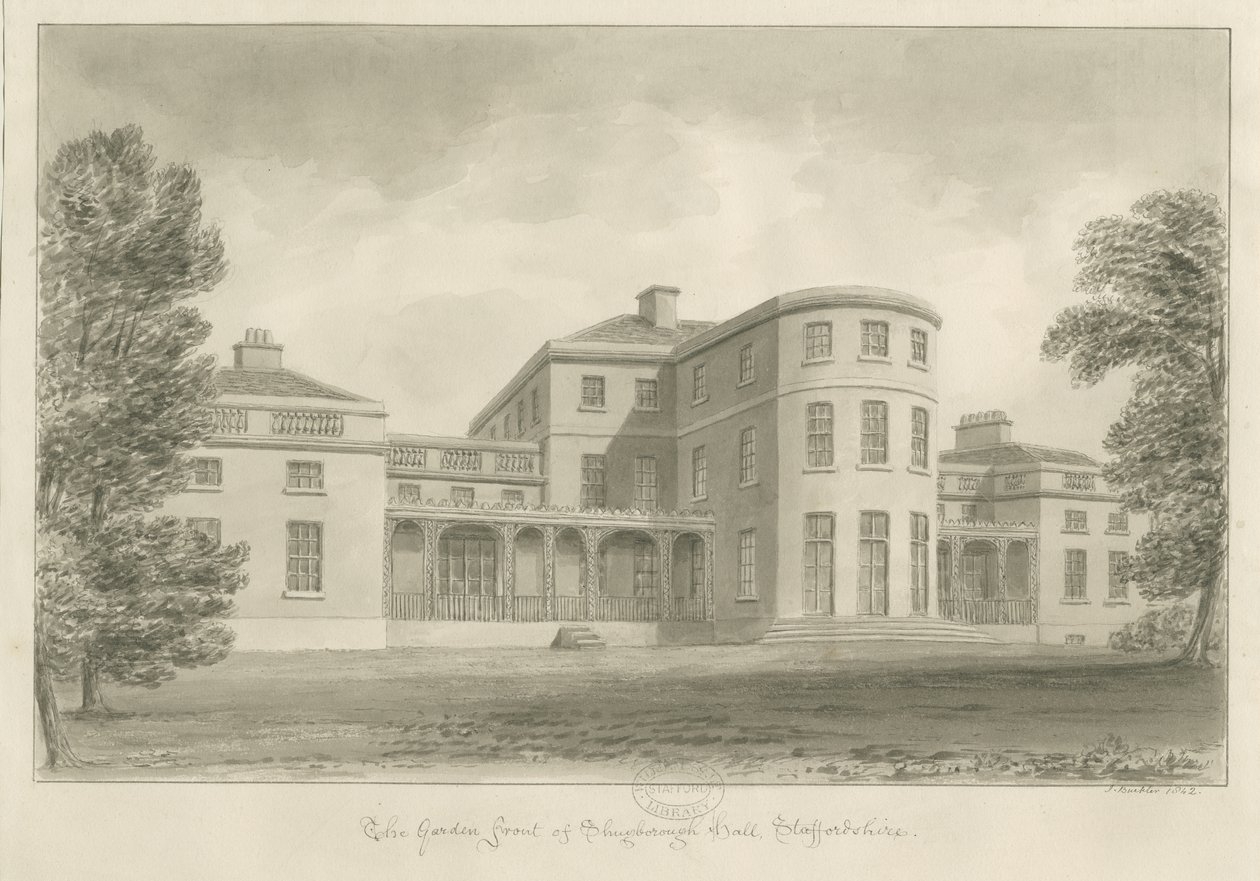 قاعة Shugborough - واجهة الحديقة: رسم بني داكن ، 1842 بواسطة جون باكلر