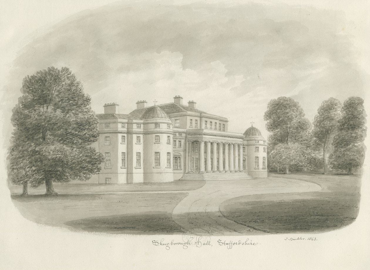 قاعة Shugborough: رسم بني داكن ، 1843 بواسطة جون باكلر