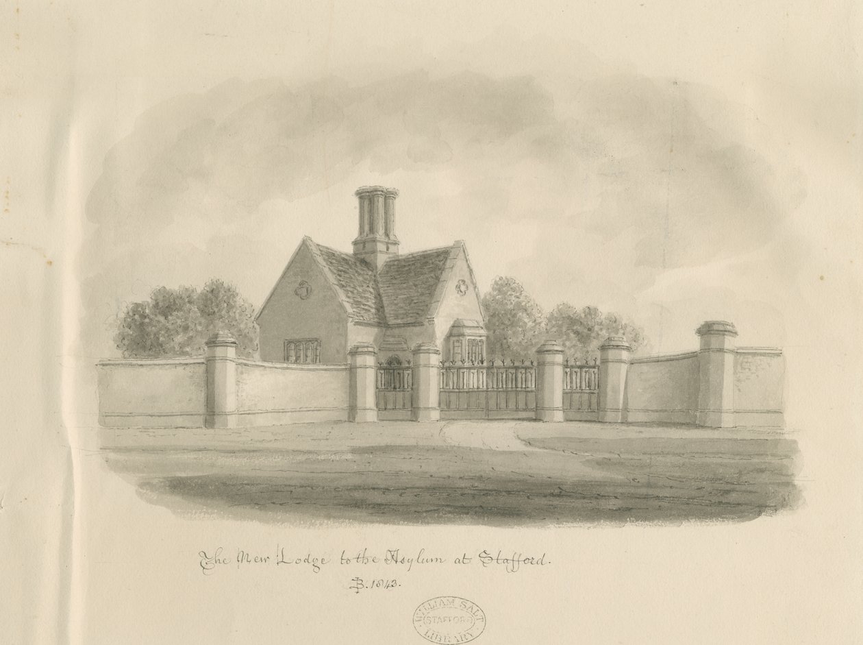 ستافورد - New Lodge to the Asylum: رسم بني داكن ، 1843 بواسطة جون باكلر