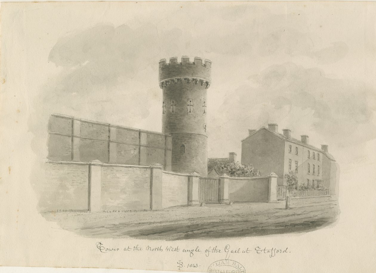 ستافورد - برج جولة من Gaol: رسم بني داكن ، 1843 بواسطة جون باكلر