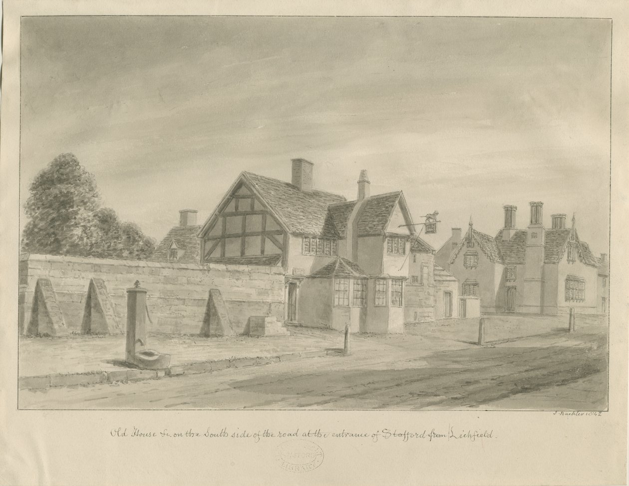 ستافورد - [The White Lion Inn]: رسم بني داكن ، 1842 بواسطة جون باكلر