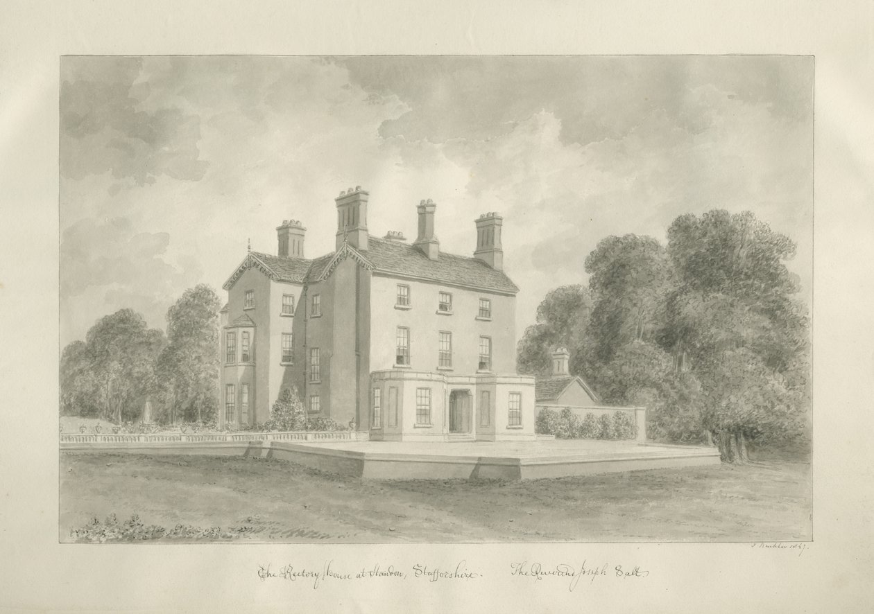 Standon - Rectory of Rectory of Joseph Salt: sepia drawing. ستاندون - كتاب القس جوزيف سالت: رسم بني داكن بواسطة جون باكلر