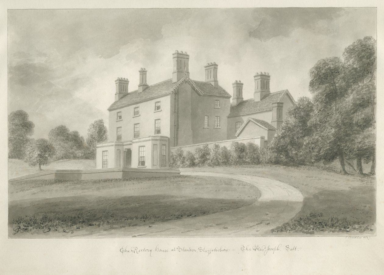 Standon - Rectory of Rectory of Joseph Salt: sepia drawing. ستاندون - كتاب القس جوزيف سالت: رسم بني داكن بواسطة جون باكلر