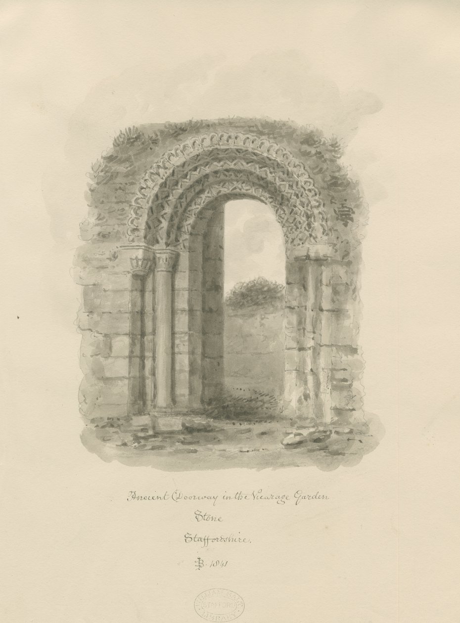 الحجر - المدخل القديم في حديقة Vicarage: رسم بني داكن ، 1841 بواسطة جون باكلر
