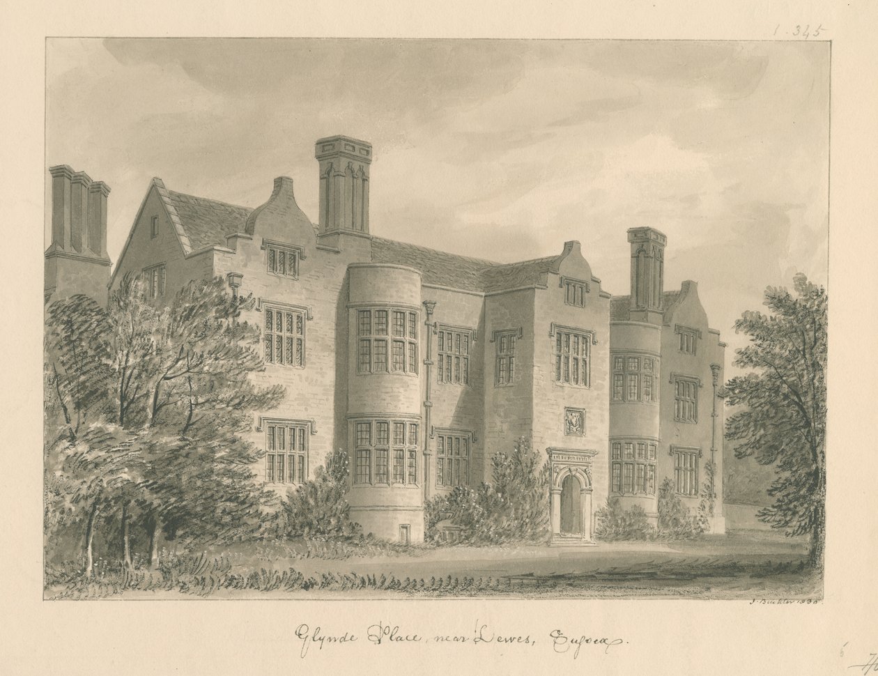 Sussex - Lewes - Glynde Place: رسم بني داكن ، 1830 بواسطة جون باكلر