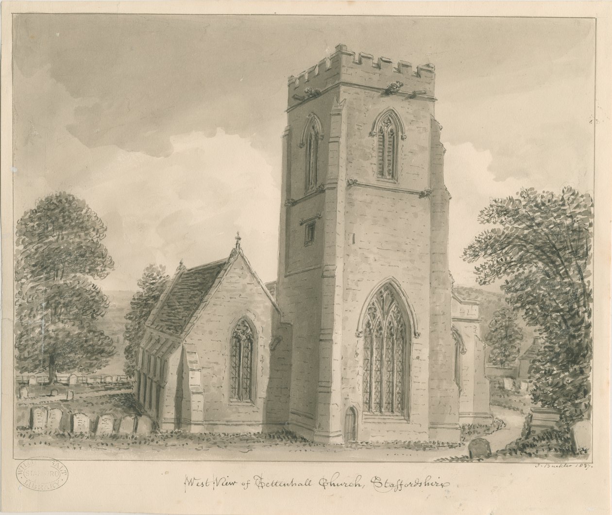 كنيسة Tettenhall: رسم غسل بني داكن ، 1837 بواسطة جون باكلر