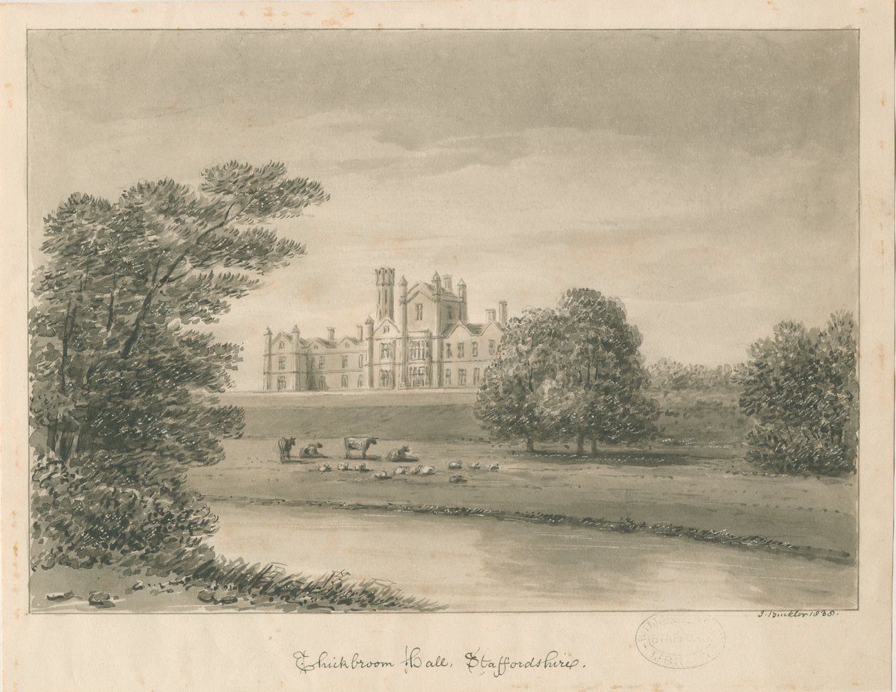 "Thickbroom Hall" [Manley Hall]: رسم يغسل بني داكن بواسطة جون باكلر