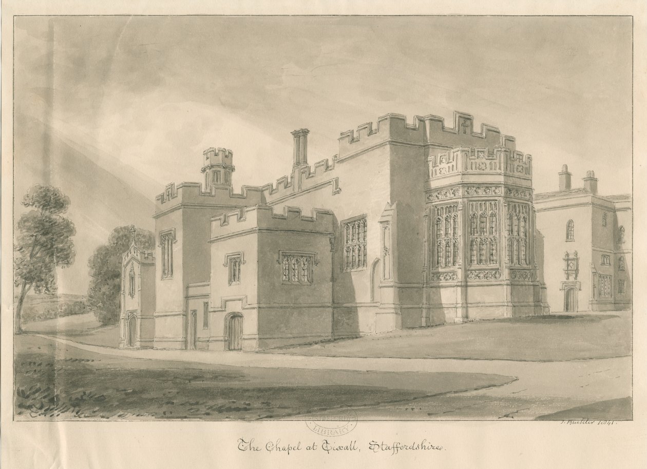 Tixall - Chapel at Tixall Hall: رسم غسيل بني داكن ، 1841 بواسطة جون باكلر