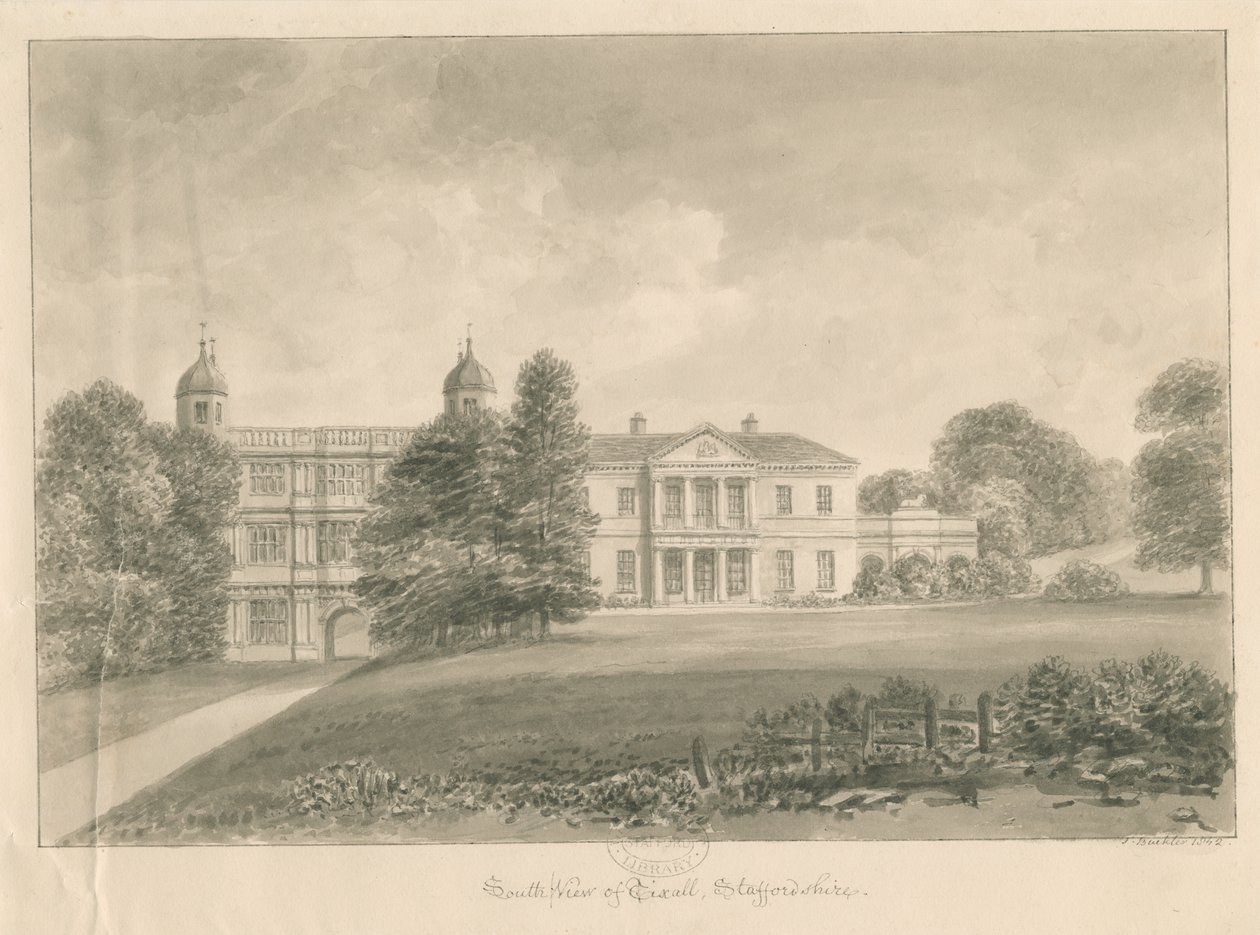 قاعة Tixall و Gatehouse: رسم غسل بني داكن ، 1842 بواسطة جون باكلر