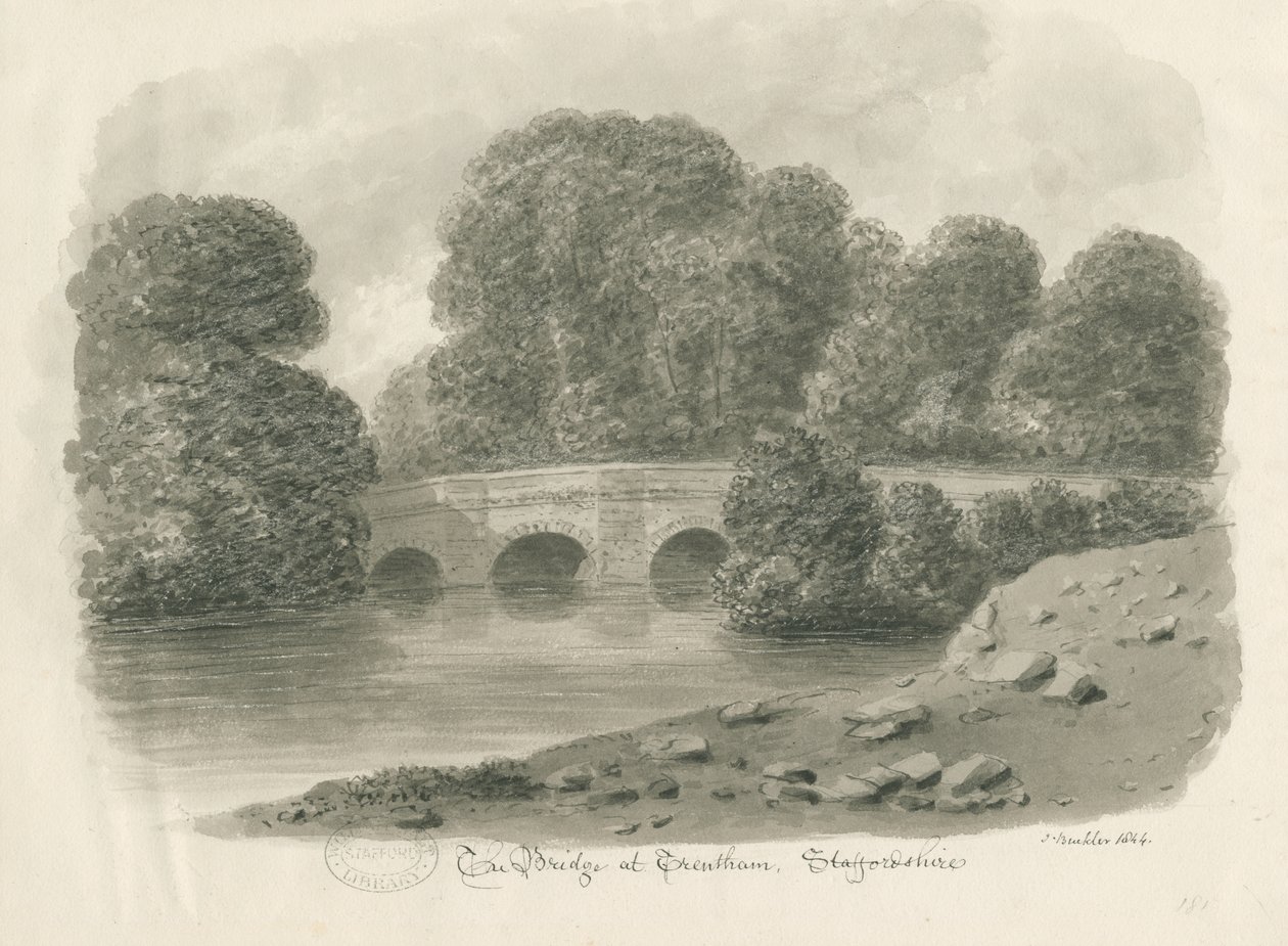 Trentham Hall - Bridge: رسم غسل بني داكن ، 1844 بواسطة جون باكلر