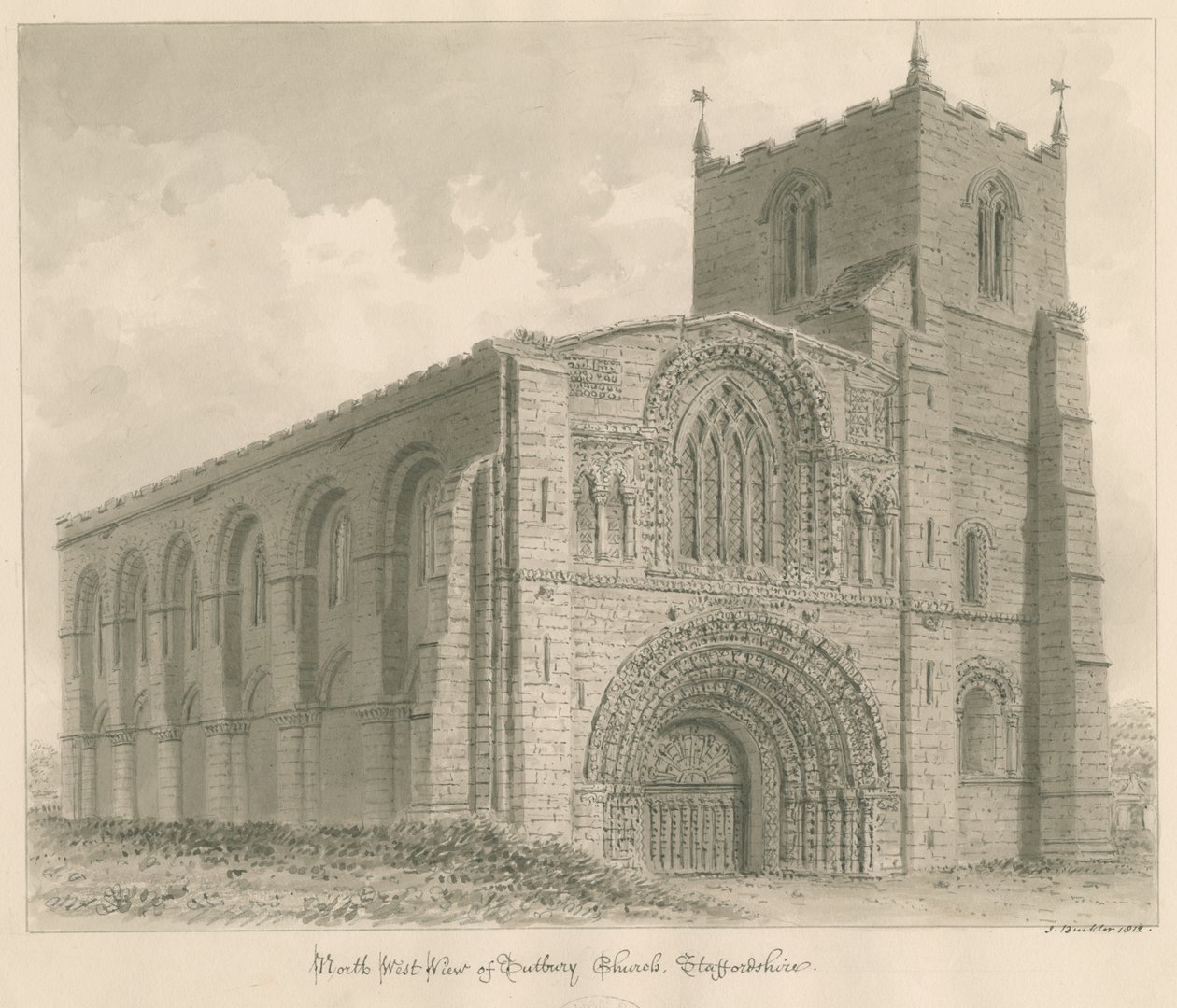 كنيسة Tutbury Priory: رسم بني داكن بواسطة جون باكلر
