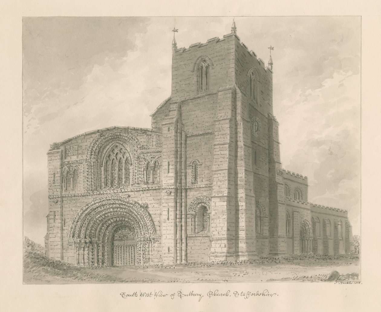كنيسة Tutbury Priory: رسم يغسل بني داكن بواسطة جون باكلر