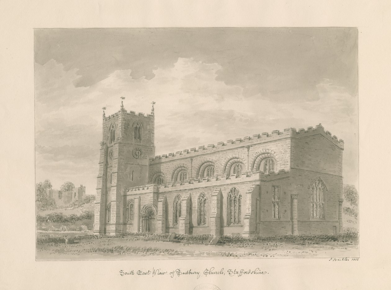 كنيسة Tutbury Priory: رسم غسل بني داكن ، 1812 بواسطة جون باكلر