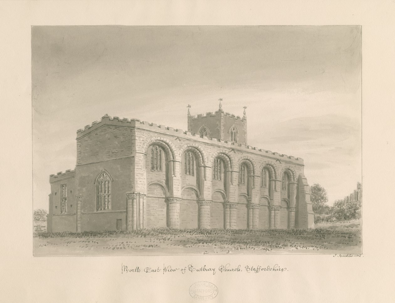 كنيسة Tutbury Priory: رسم يغسل بني داكن ، 1812 بواسطة جون باكلر