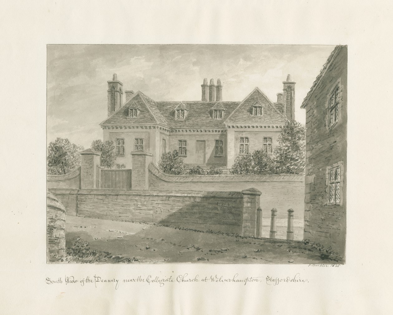 ولفرهامبتون - The Deanery House: رسم بني داكن ، 1845 بواسطة جون باكلر