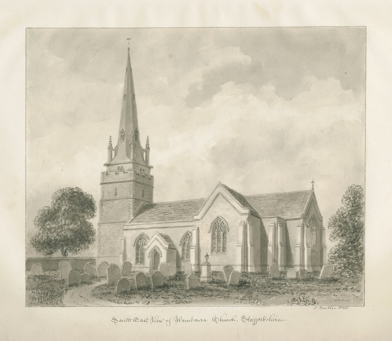 كنيسة Wombourne: رسم بني داكن ، 1845 بواسطة جون باكلر