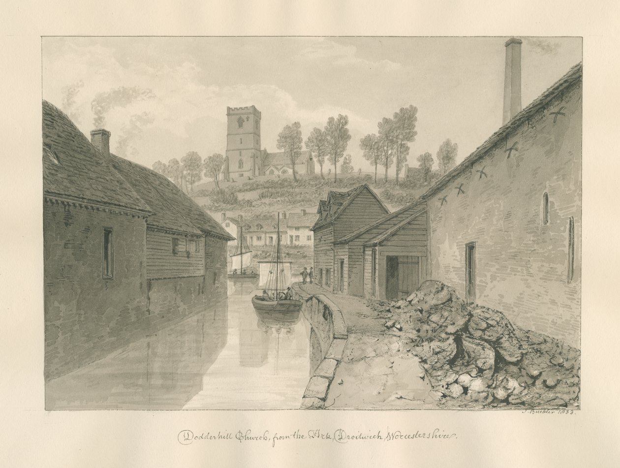 Worcestershire - Droitwich - Dodderhill Church منظر بعيد: رسم بني داكن ، 1833 بواسطة جون باكلر