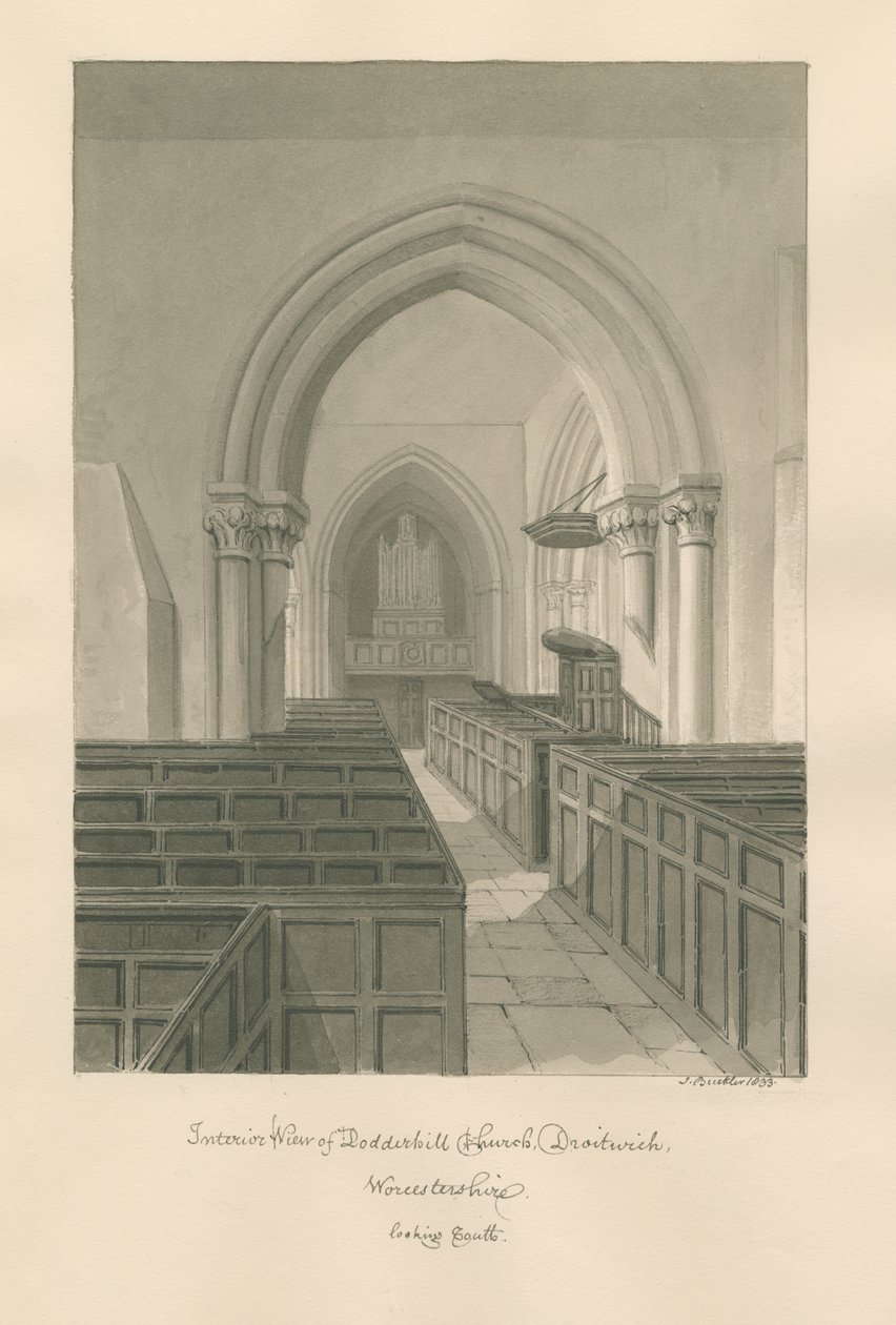 Worcestershire - Droitwich - Dodderhill Church Interior : sepia drawing بواسطة جون باكلر