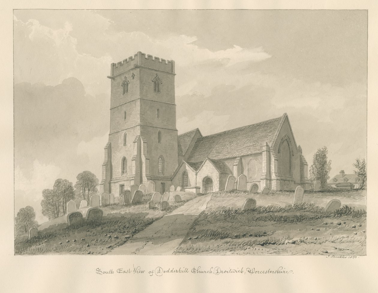 Worcestershire - Droitwich - Dodderhill Church: sepia drawing بواسطة جون باكلر