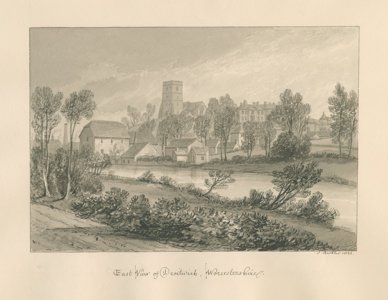 Worcestershire - Droitwich - المنظر الشرقي للمدينة: رسم بني داكن ، 1833 بواسطة جون باكلر