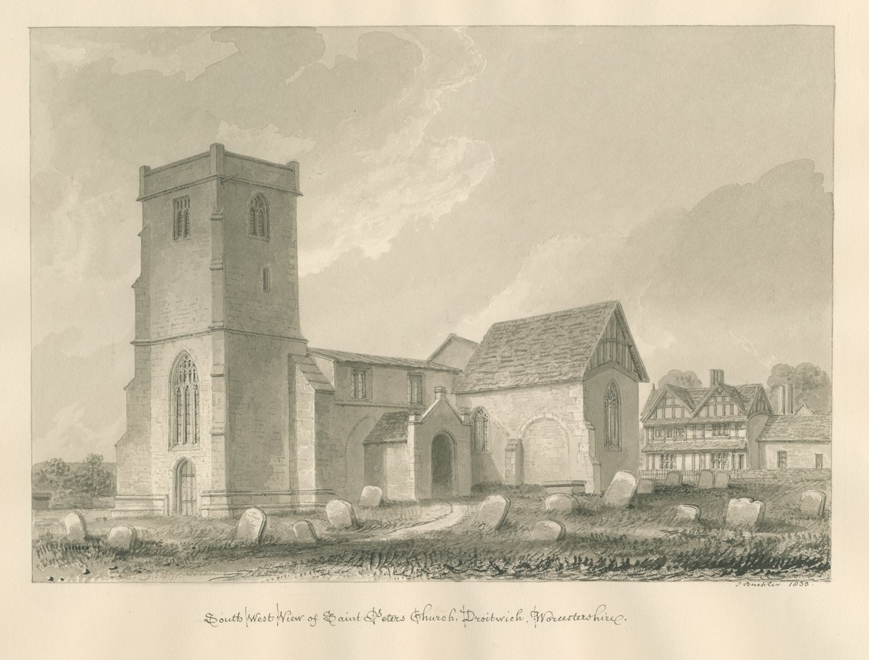 Worcestershire - Droitwich - كنيسة القديس بطرس: رسم بني داكن ، 1833 بواسطة جون باكلر
