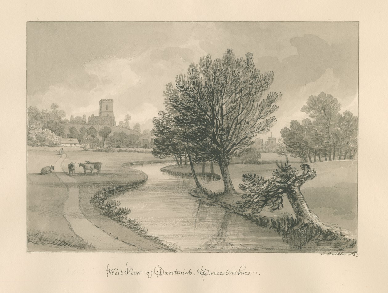 Worcestershire - Droitwich - West View of Town: رسم بني داكن ، 1833 بواسطة جون باكلر