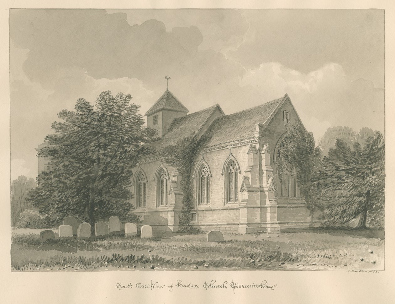 Worcestershire - كنيسة هادسر: رسم بني داكن ، 1833 بواسطة جون باكلر