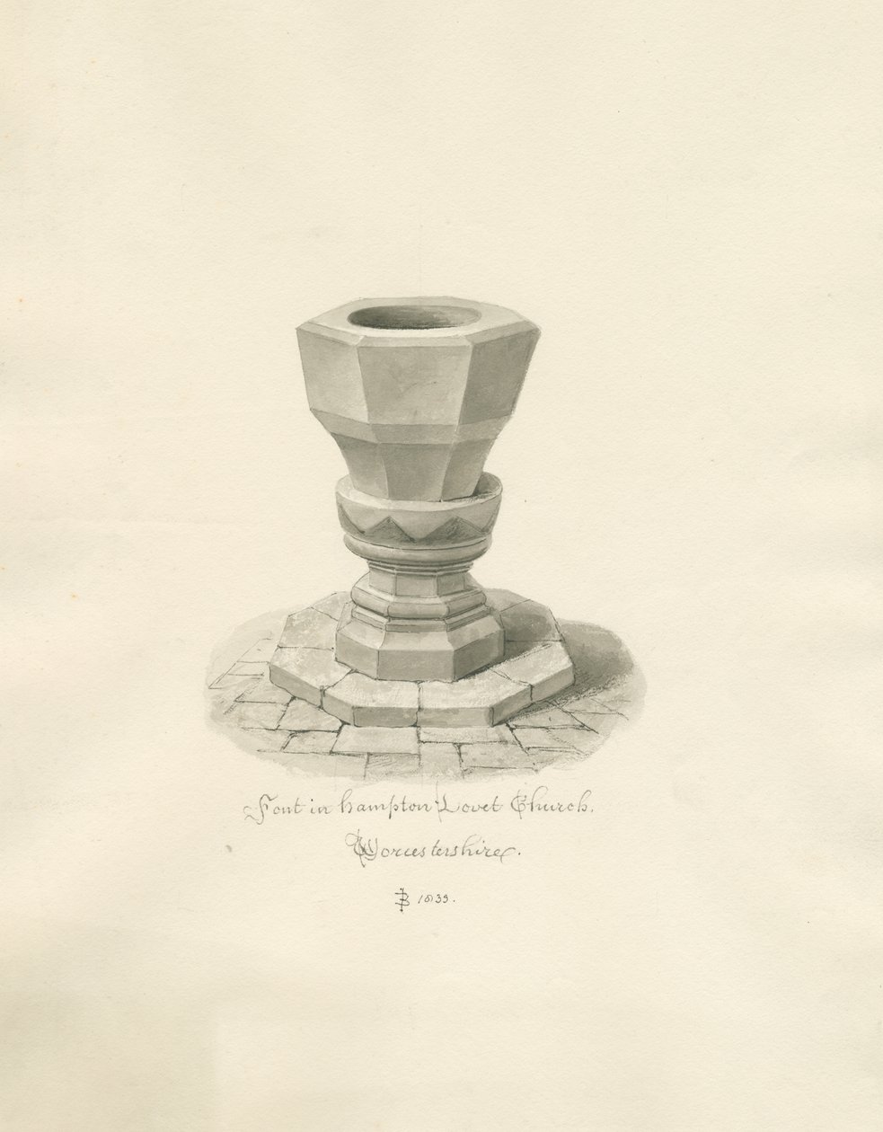 Worcestershire - Hampton Lovett Church - Font: sepia drawing بواسطة جون باكلر